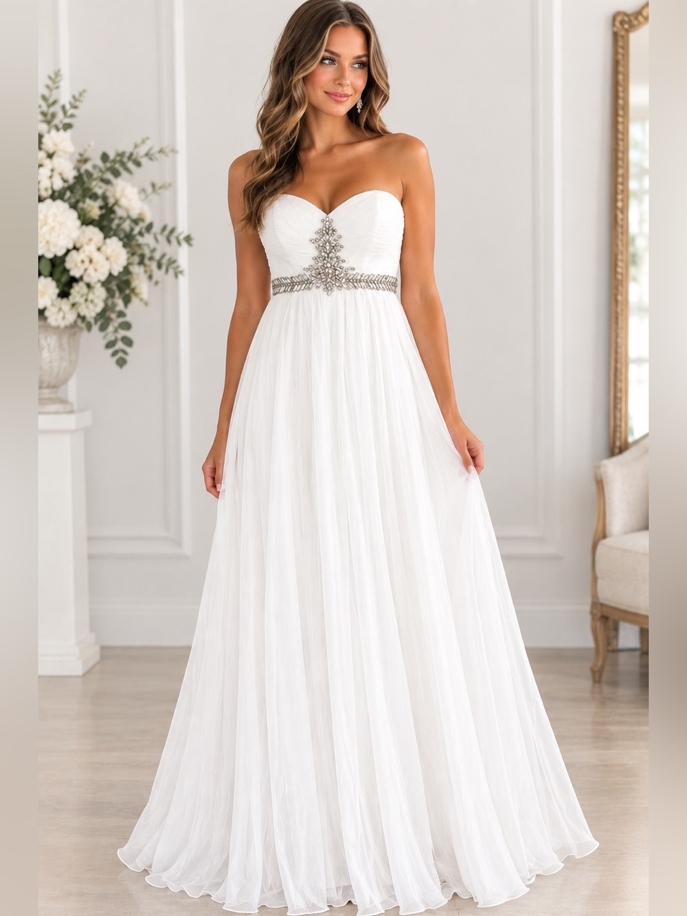 Alyce Paris White Strapless Sweetheart Gown with Silver Beaded Waist